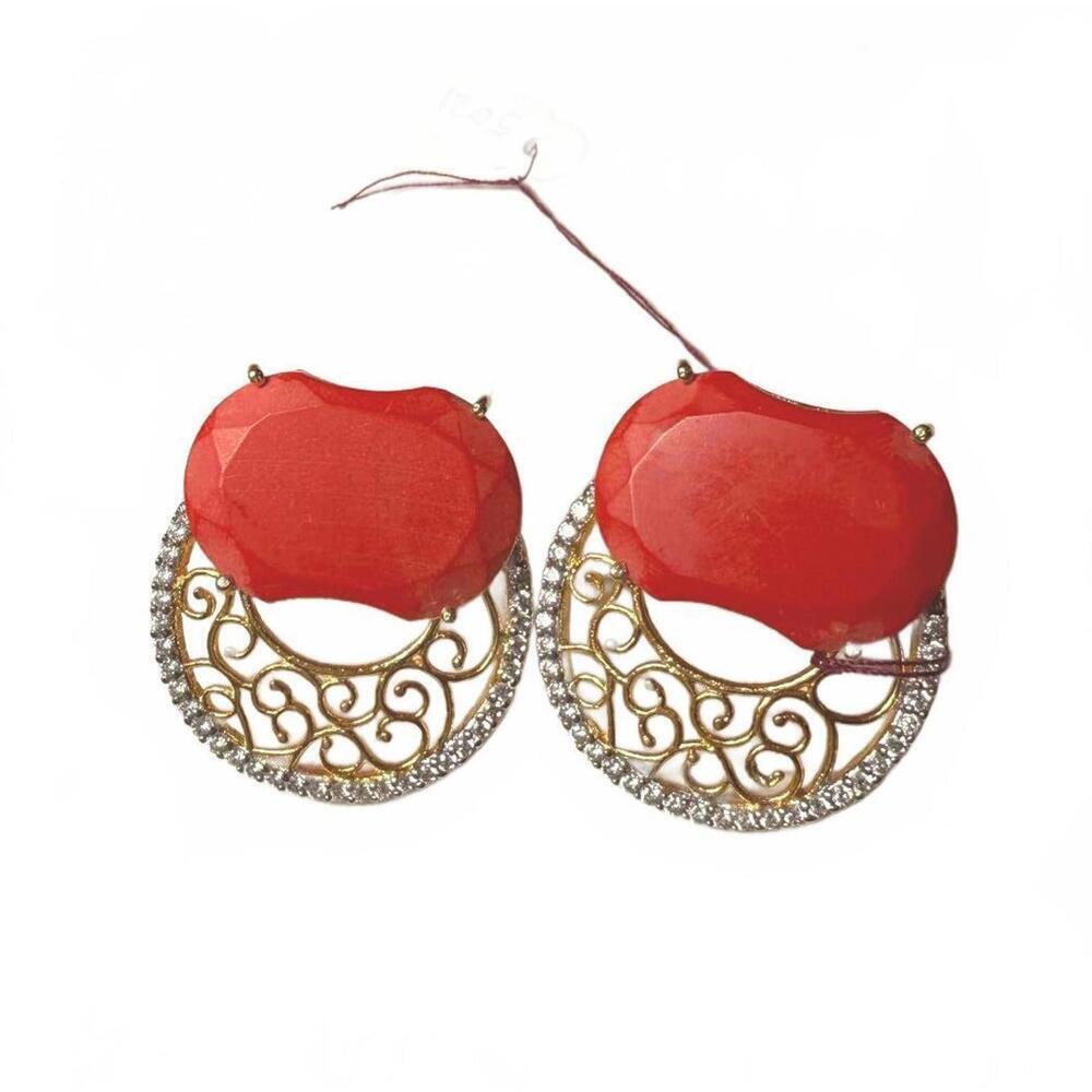 Coral Stone and Gold Hoop Earrings with Rhinestones